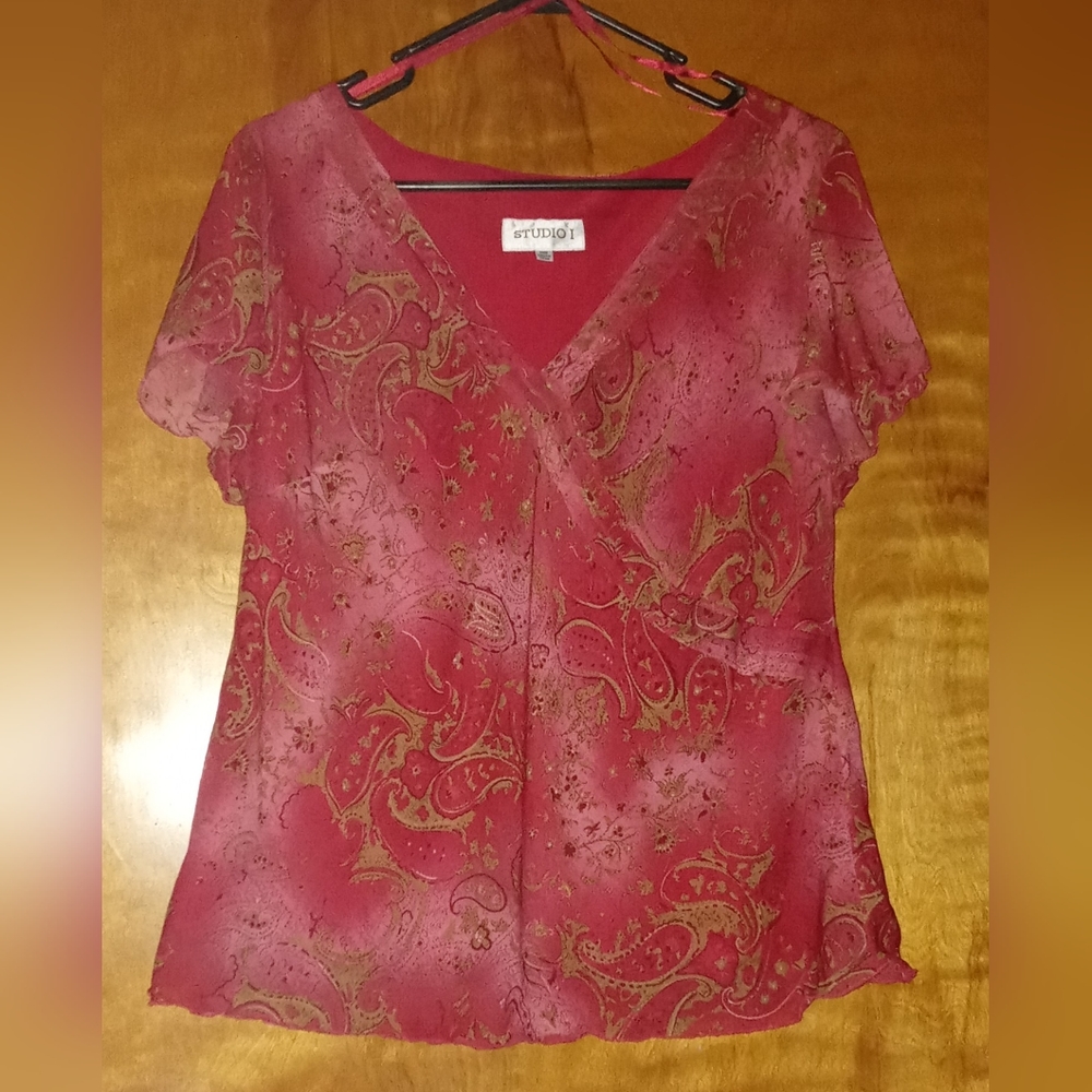 Women's Studio 1 Red Floral Chiffon Tunic Lined Short-Sleeve 14W Blouse